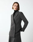 Veste de costume croisée grise pour femme – Blazer de bureau style rétro, longueur moyenne