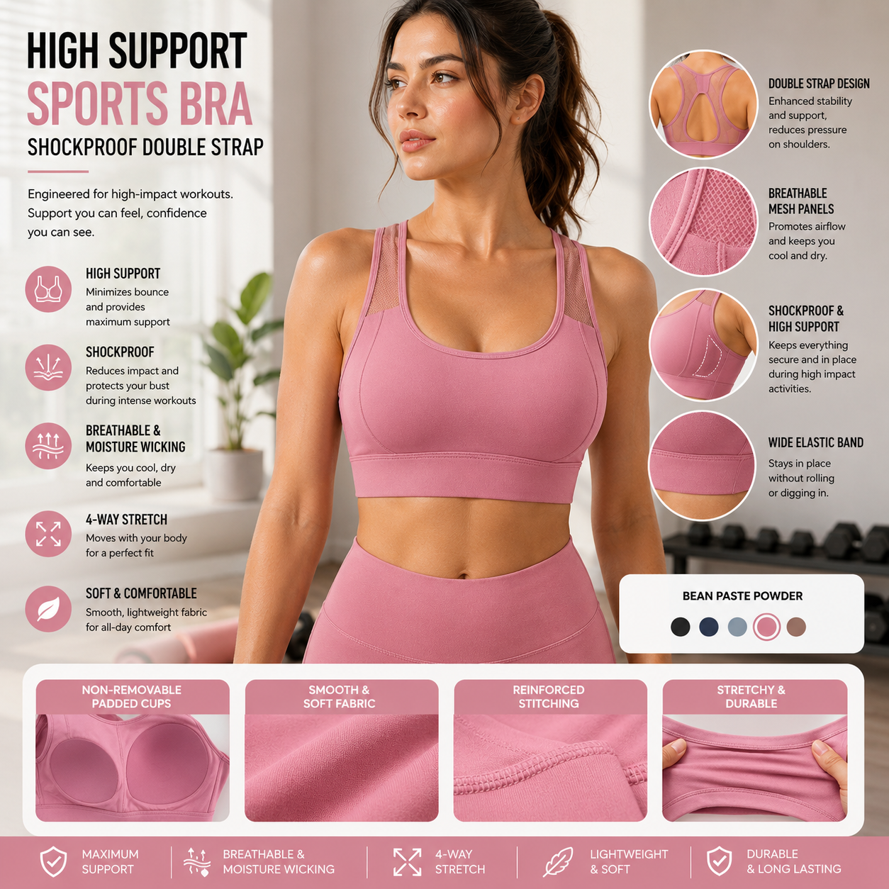 Women's High-Support Sports Bra – Shockproof Double Strap