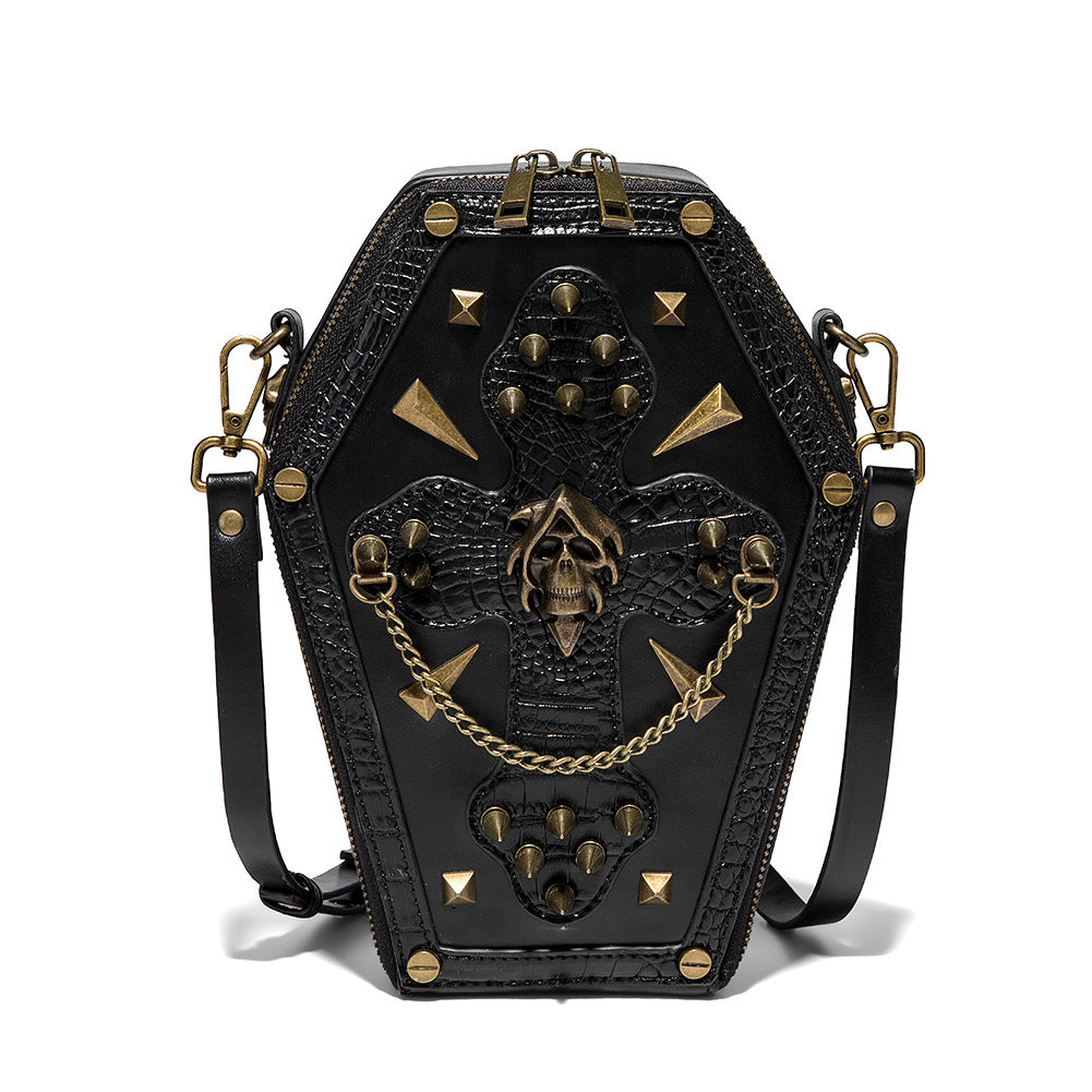 Gotische Umhängetasche in Sargform für Damen – PU-Leder Schultertasche mit Kettendetail und verstellbarem Riemen