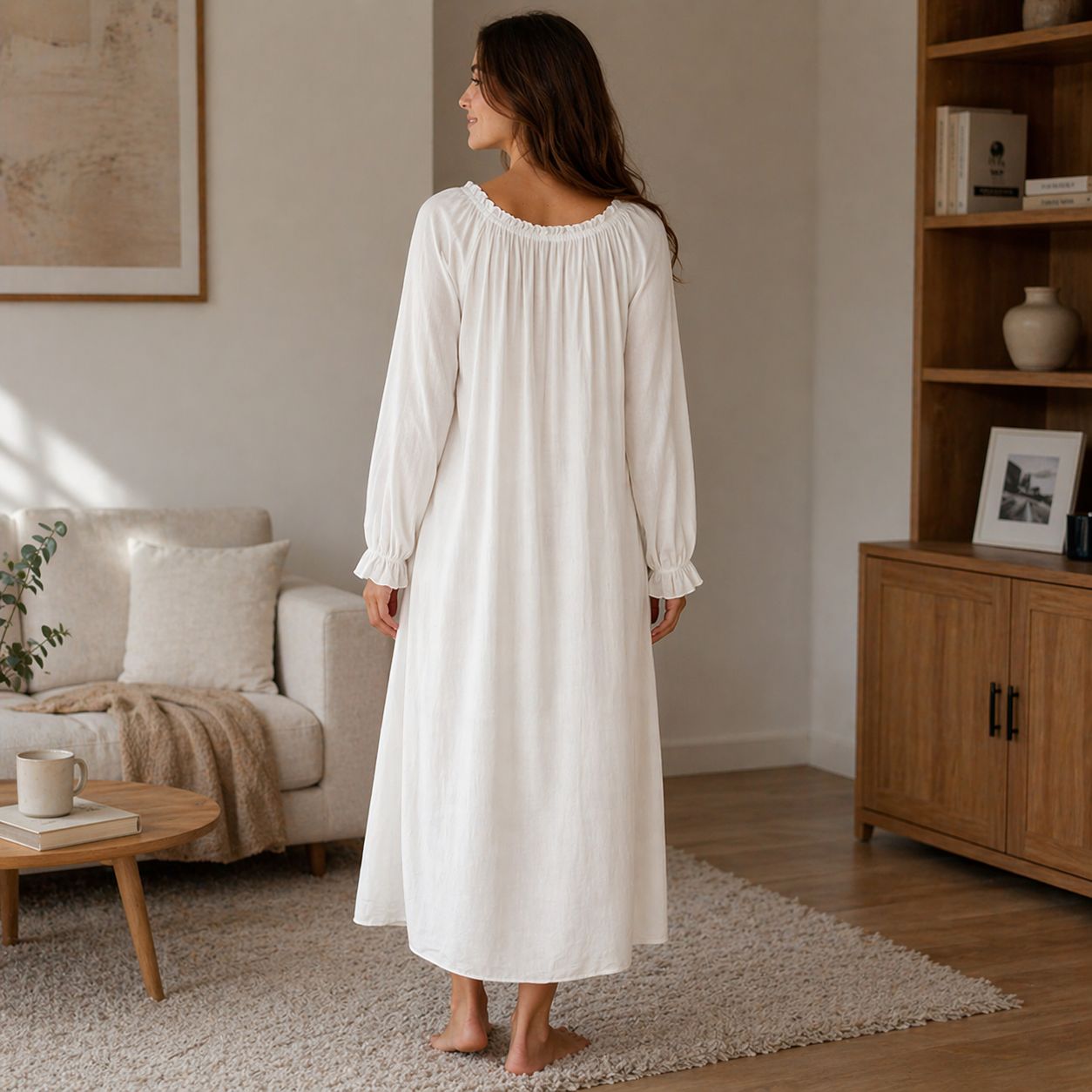Women's Long Sleeve Cotton Nightgown – Soft Breathable Sleep Dress with U-Neck, Ruffled Hem &amp; Elegant Princess Style