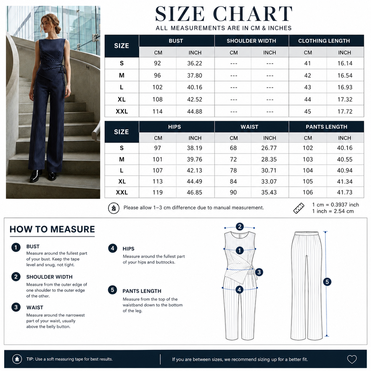 A sizing chart and how-to measure guide for clothing, showing a size table with bust, shoulder width, and clothing length in centimeters and inches, plus illustrated steps for measuring hips and pants length.