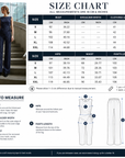 A sizing chart and how-to measure guide for clothing, showing a size table with bust, shoulder width, and clothing length in centimeters and inches, plus illustrated steps for measuring hips and pants length.