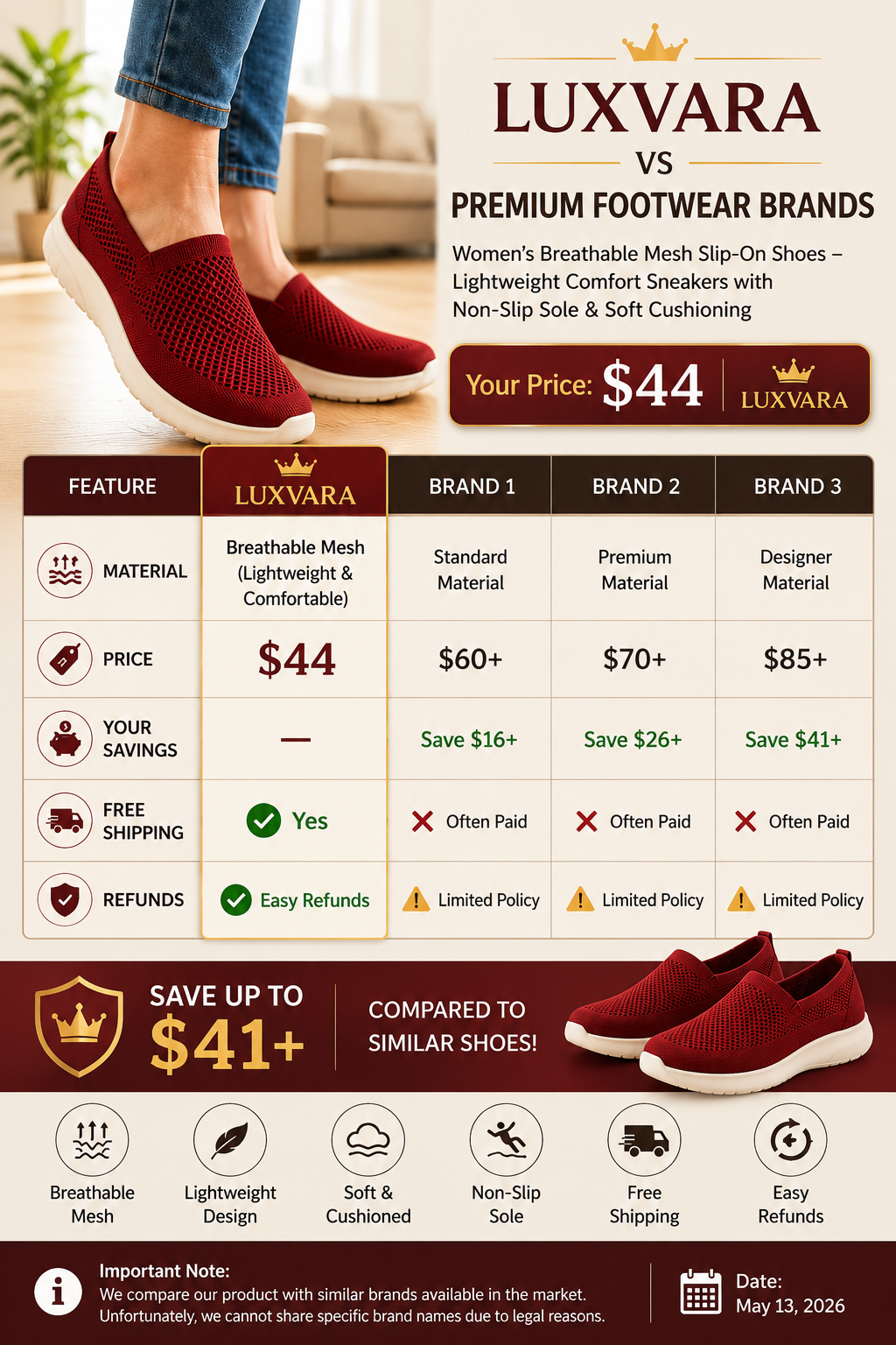 Damen Atmungsaktive Mesh Slip-On Schuhe – Leichte und Bequeme Sneaker mit Rutschfester Sohle &amp; Weicher Dämpfung