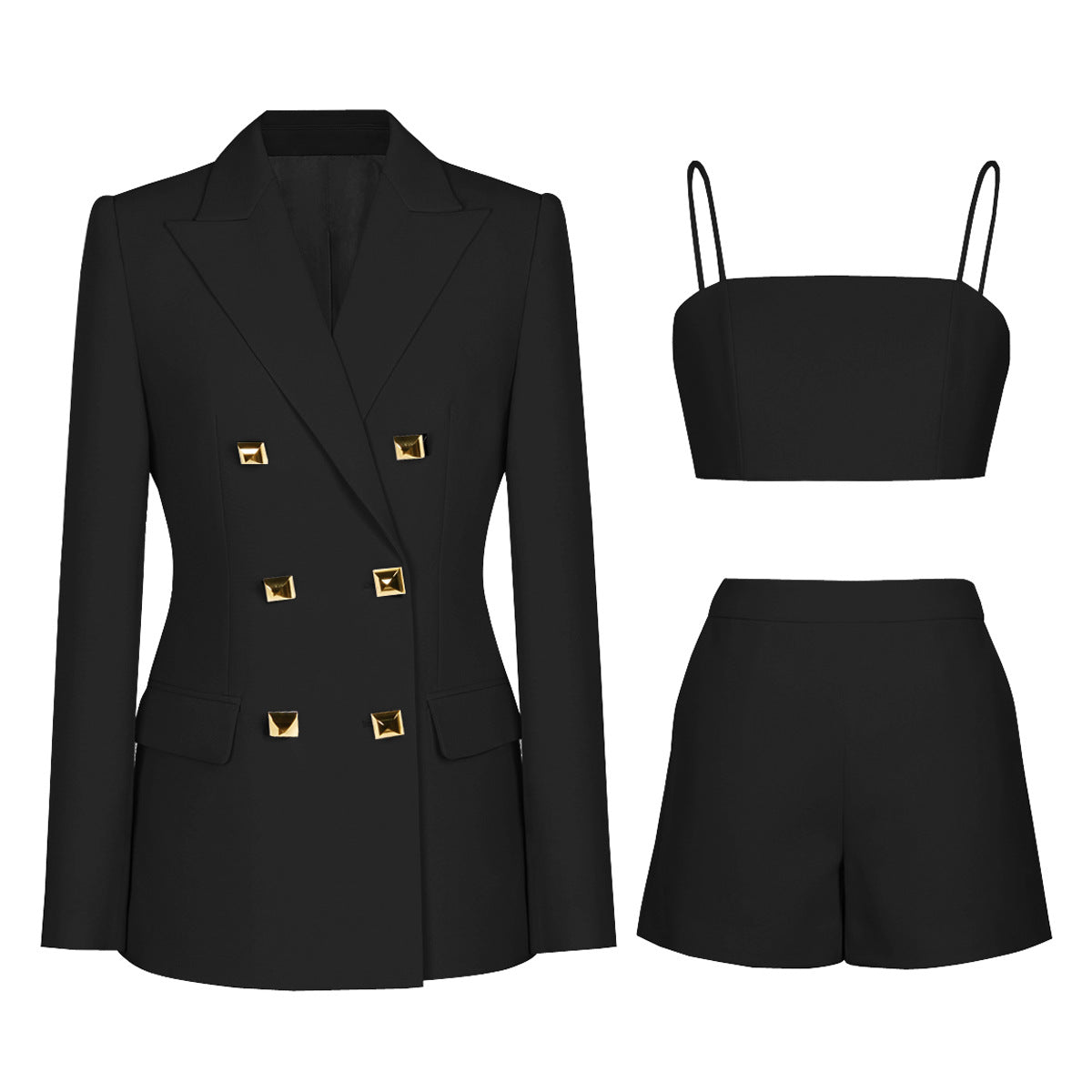 Damen Hosenträger Anzug Set – Elegantes 3-teiliges Outfit mit Blazer, Top &amp; Shorts aus Stretch-Spandex für Büro, Pendler &amp; schicke Freizeitkleidung