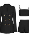 Damen Hosenträger Anzug Set – Elegantes 3-teiliges Outfit mit Blazer, Top & Shorts aus Stretch-Spandex für Büro, Pendler & schicke Freizeitkleidung
