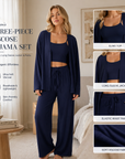 Damen dreiteiliges Viskose-Pyjama-Set – Spaghetti-Top, Langarmjacke & Hose, weiche, atmungsaktive Lounge-Nachtwäsche