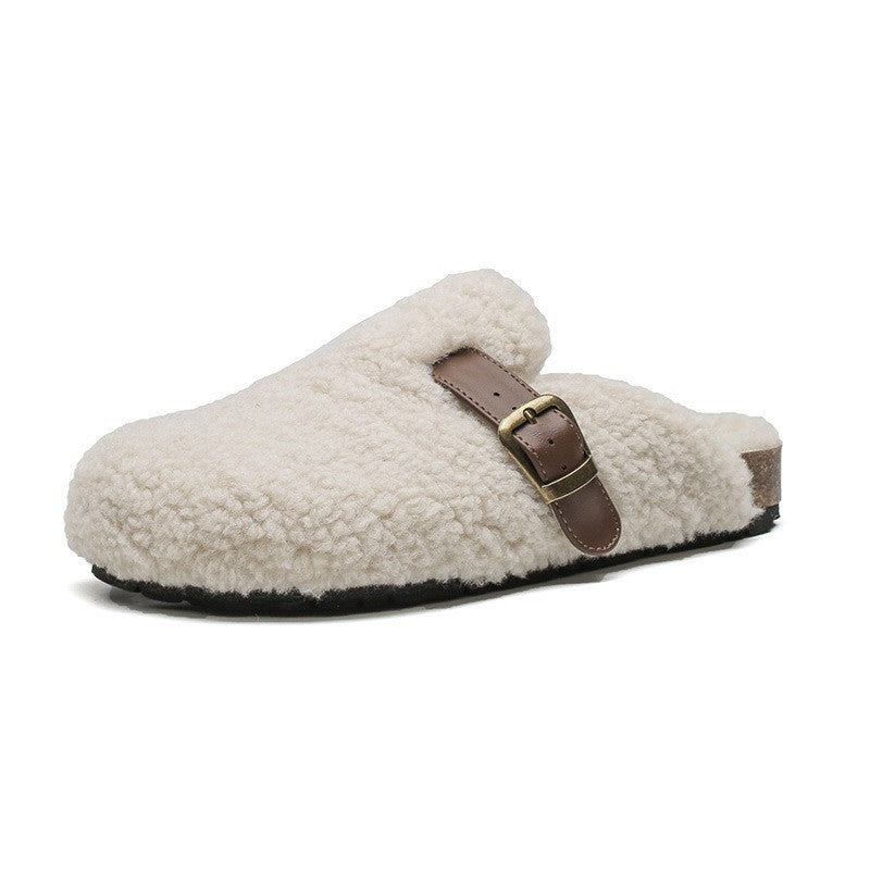 Women's Wool-Lined Genuine Leather Mule Slippers – Retro Thick-Sole Backless Slip-Ons