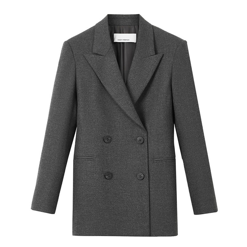 Veste de costume croisée grise pour femme – Blazer de bureau style rétro, longueur moyenne