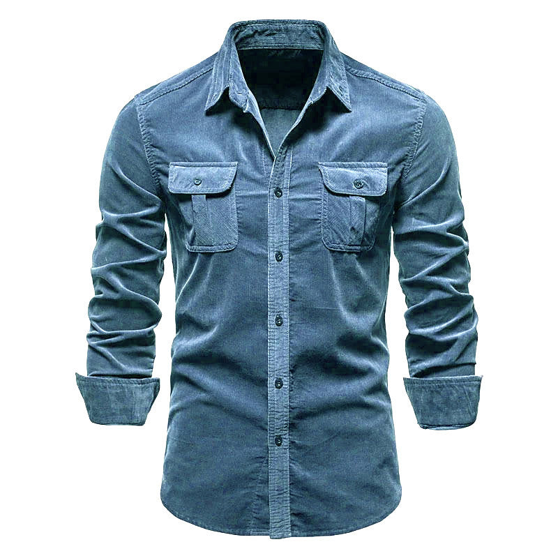 Men's Corduroy Long Sleeve Slim Fit Shirt – Ribbed Cotton Lapel Collar Business Casual Button-Down Top