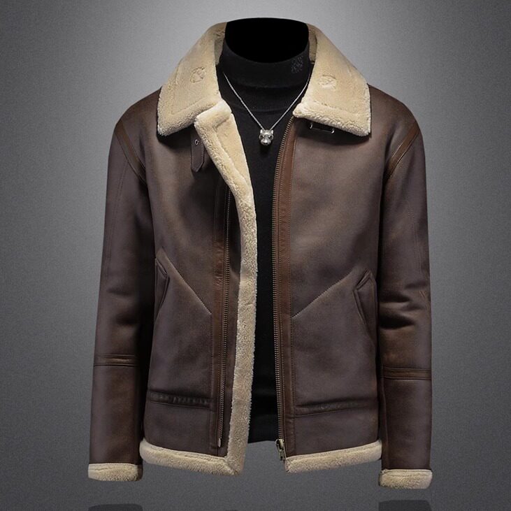 Men’s Leather Fur Lapel Jacket – Thickened Winter Warm Zipper Coat with Side Pockets Loose Fit