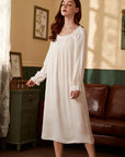Chemise de Nuit en Coton à Manches Longues pour Femme – Robe de Nuit Douce et Respirante avec Col Rond, Ourlet à Volants et Style Princesse Élégant