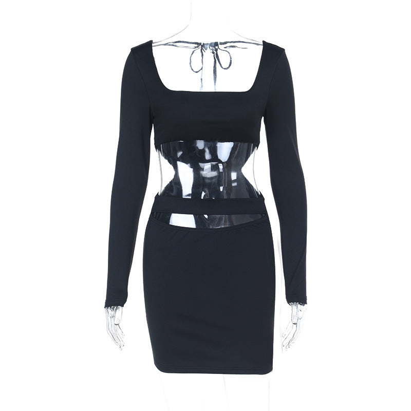 Womens Hollow Waist Long Sleeve Pencil Dress