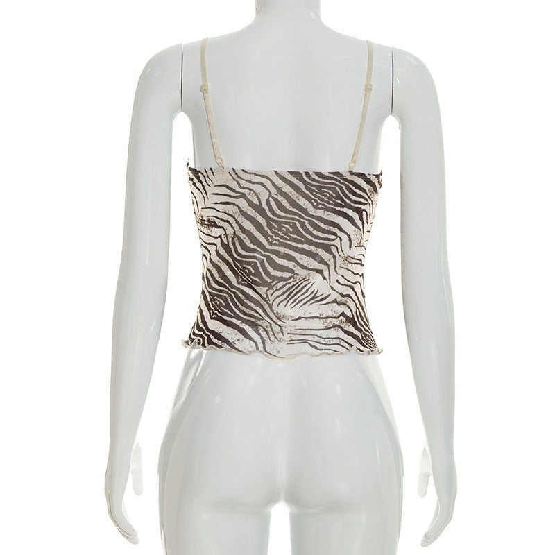 Women's Zebra Print Mesh Slim Fit V-Neck Camisole Top