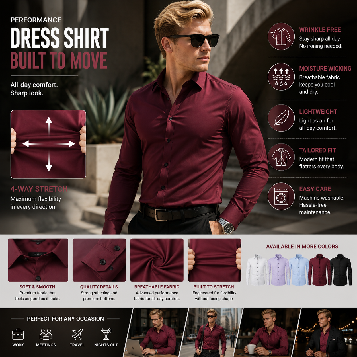 Men's Wrinkle-Free 4-Way Stretch Business Casual Long Sleeve Shirt