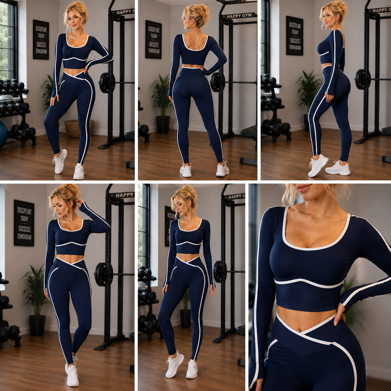 Women's Color Block Yoga Set – Long Sleeve Top &amp; Cropped Leggings, 92% Nylon