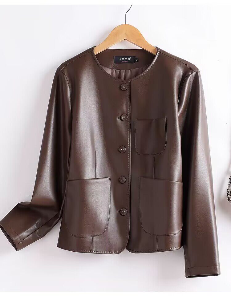 Damenjacke aus 100 % echtem Schaffleder – schmale Passform, kurzer Rundhalsmantel im koreanischen Stil