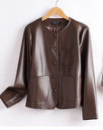 Damenjacke aus 100 % echtem Schaffleder – schmale Passform, kurzer Rundhalsmantel im koreanischen Stil