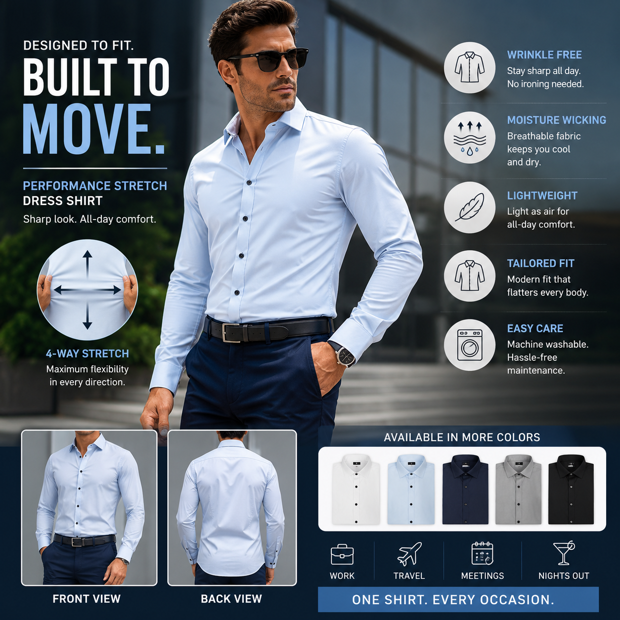 Men's Wrinkle-Free 4-Way Stretch Business Casual Long Sleeve Shirt