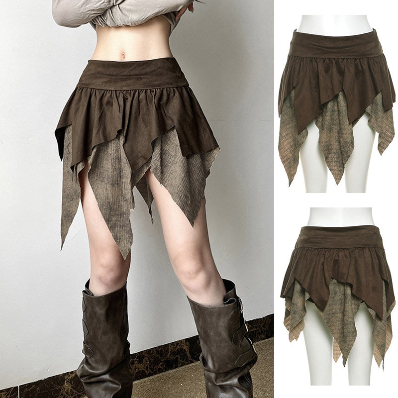 Jupe asymétrique taille haute trapèze pour femme – Jupe midi volantée style urbain avec détails en dentelle et coupe ajustée