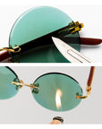 Herren-Sonnenbrille mit grünen Kristallen, rund – Gold-Kupferlegierung, rahmenlos, Retro-UV375-Brille mit Diamantschliff-Verzierung
