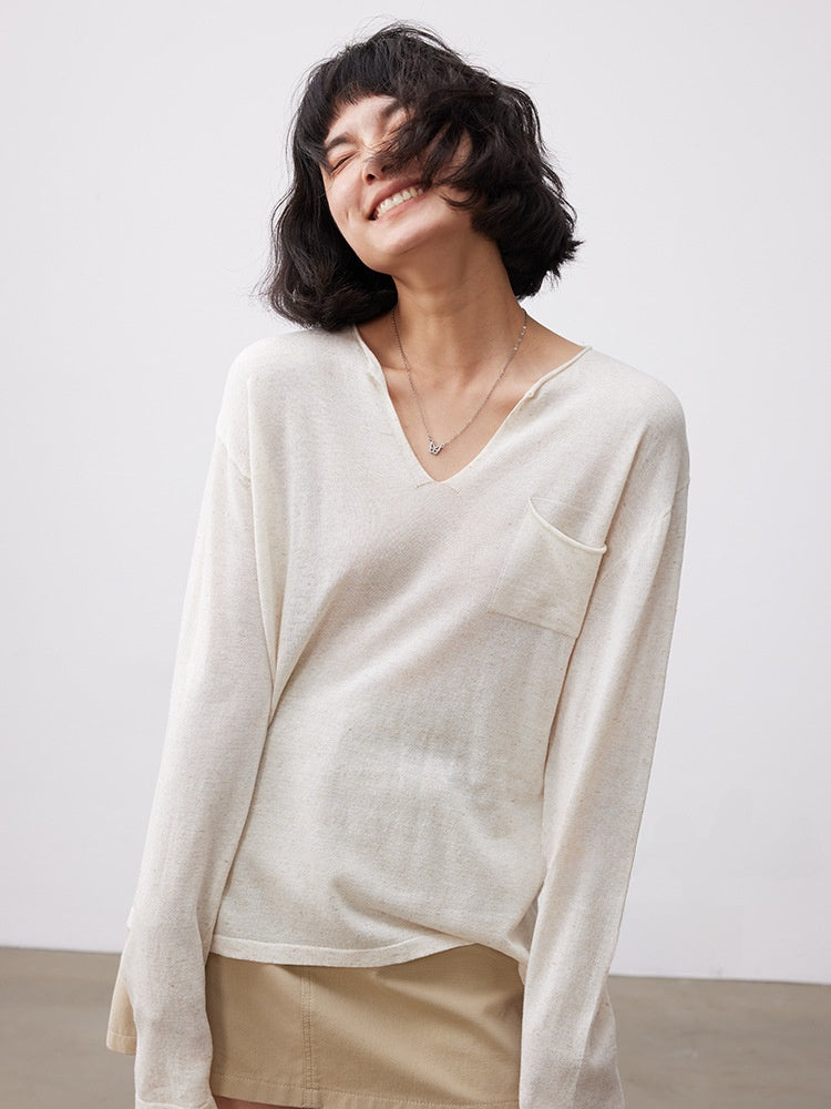 Women's Tencel Linen Blend V-Neck Long Sleeve Top – Loose Fit UV-Protection Pullover