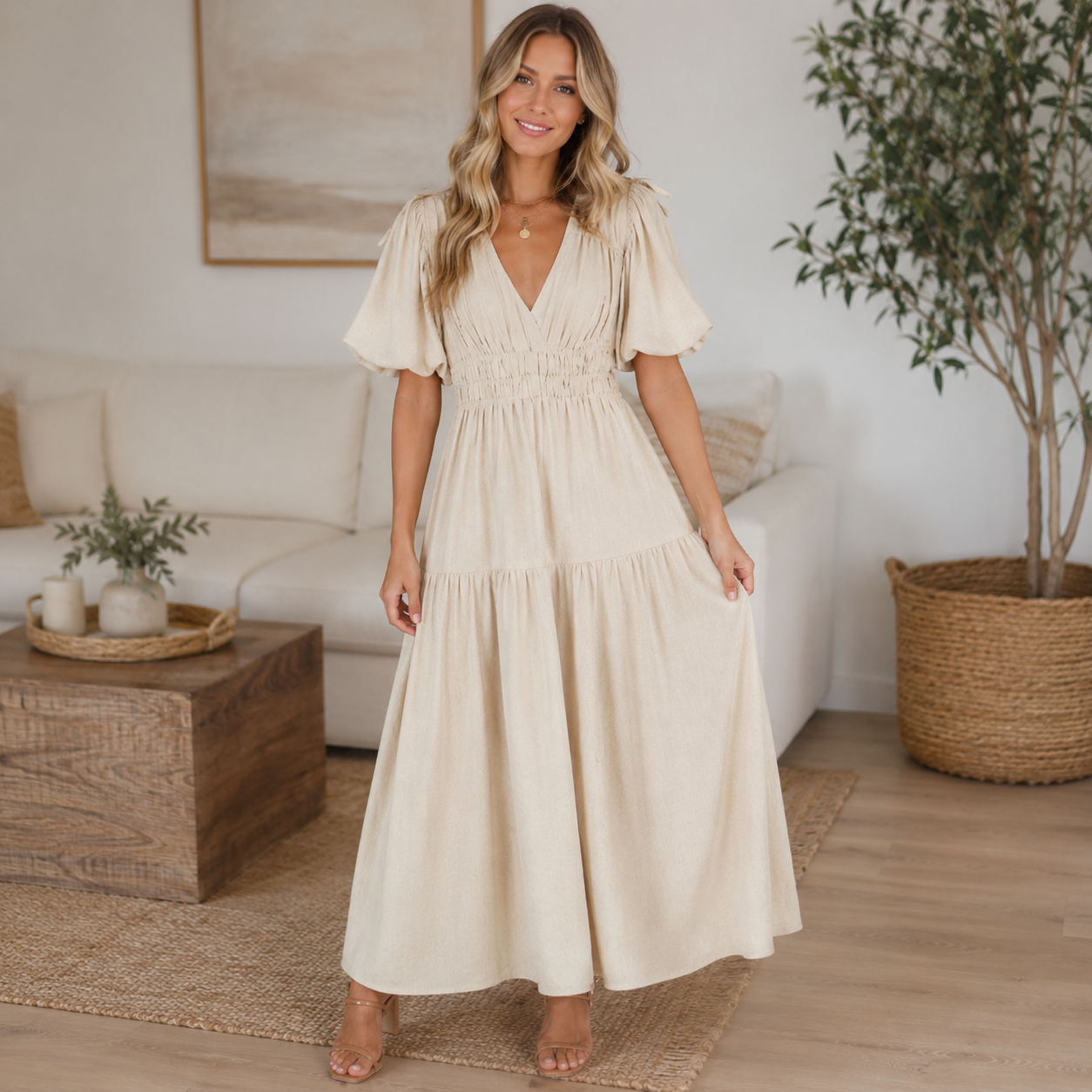 Women's Puff-Sleeve Maxi Dress – V-Neck High-Waist Swing Dress