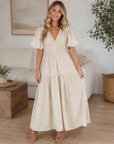 Women's Puff-Sleeve Maxi Dress – V-Neck High-Waist Swing Dress