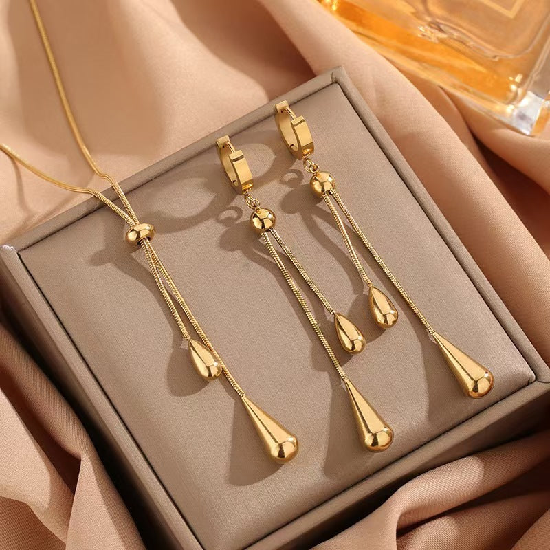 Women Gold-Plated Tassel Earrings and Necklace Set – Titanium Steel Water Drop Pendant Fashion Jewelry