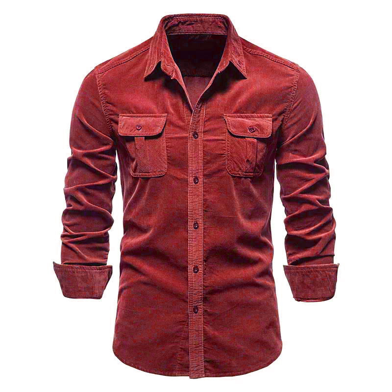 Men's Corduroy Long Sleeve Slim Fit Shirt – Ribbed Cotton Lapel Collar Business Casual Button-Down Top
