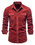 Men's Corduroy Long Sleeve Slim Fit Shirt – Ribbed Cotton Lapel Collar Business Casual Button-Down Top