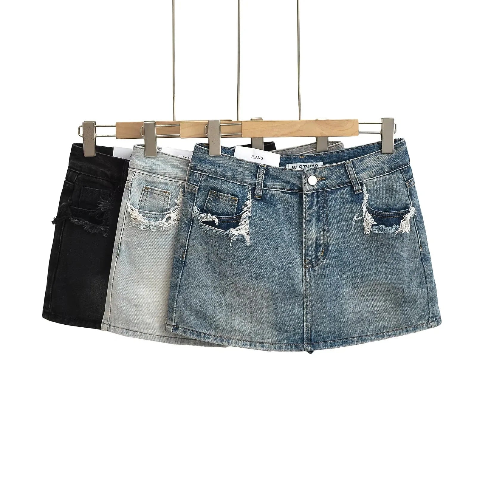 Mini-jupe en jean taille basse pour femme – Jupe en jean stretch délavée avec coupe ajustée, conception anti-exposition et style streetwear tendance