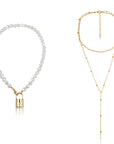 Women's Gold-Plated Pearl Necklace – Lock Pendant Multi-Layer Cross Chain