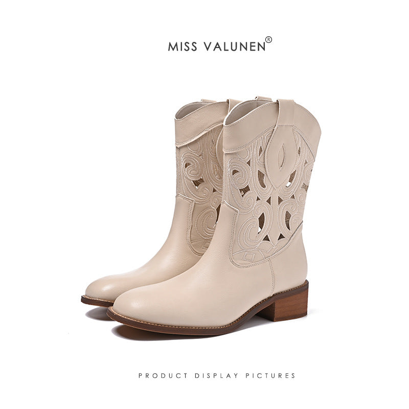 Cowboy-Stiefel für Damen mit Lochmuster – Western-Mid-Calf-Stiefel aus echtem Leder mit Stickerei, Blockabsatz und atmungsaktivem Cut-Out-Design