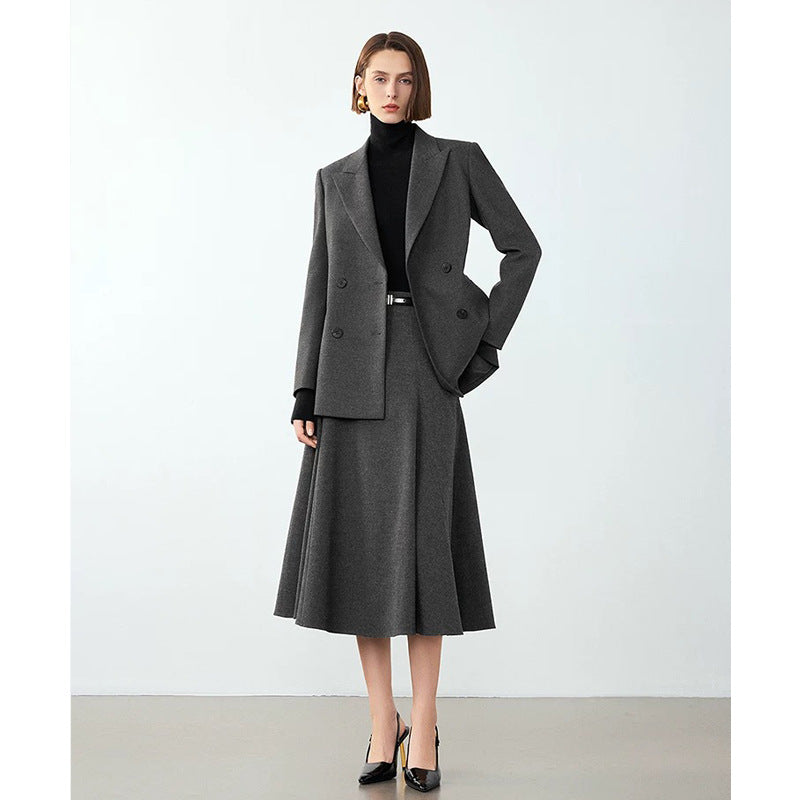 Veste de costume croisée grise pour femme – Blazer de bureau style rétro, longueur moyenne