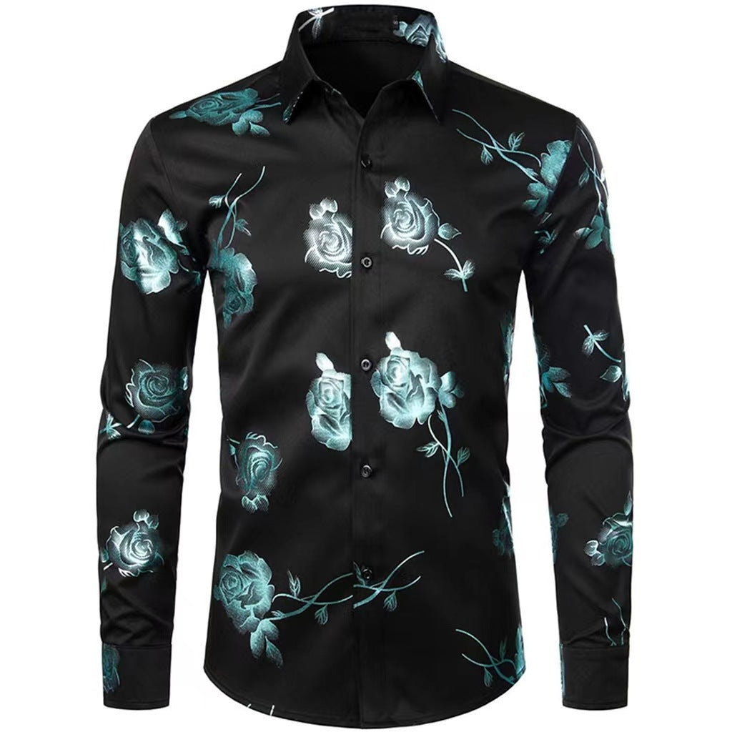 Herren 3D-Hemd mit Blumenmuster – Stretch-Slim-Fit Urban Hemd mit Revers