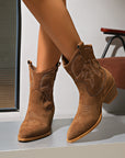 Women's Short Western Cowboy Boots – Suede Pointed Toe Thick Heel Slip-On