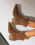 Women's Short Western Cowboy Boots – Suede Pointed Toe Thick Heel Slip-On