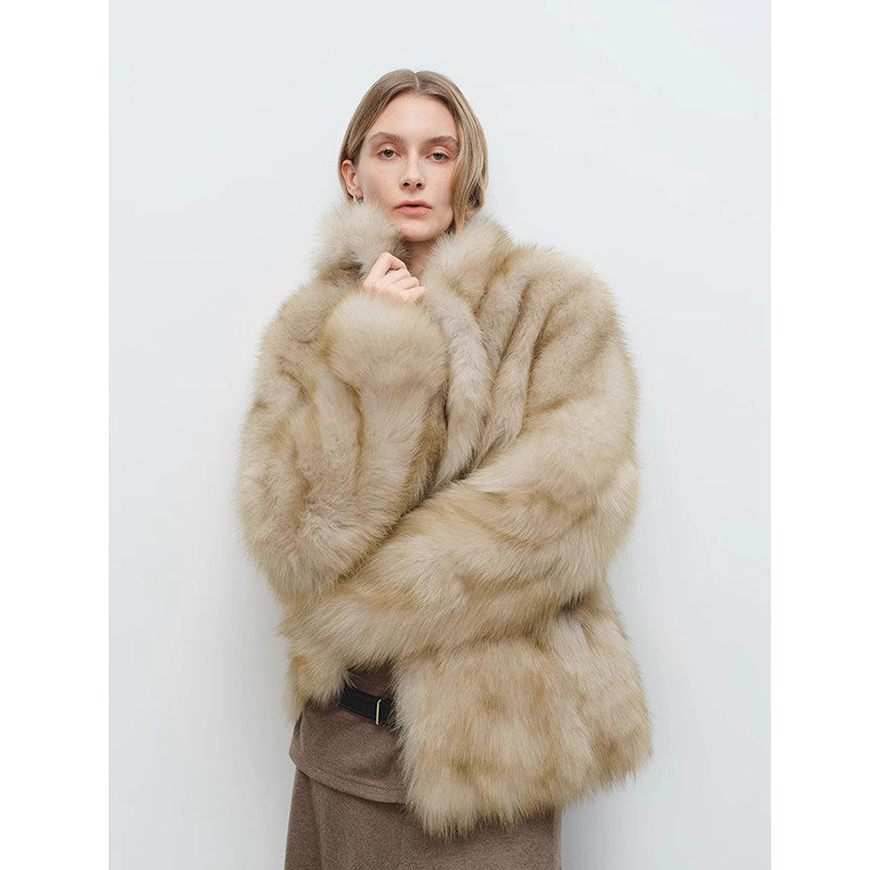 Women’s Fox-Style Faux Fur Stand Collar Coat – Retro Mid-Length Winter Luxury