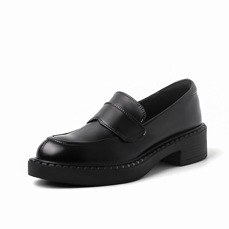 Women's Full Leather Chunky Heel Slip-On Loafers – Cowhide Block Heel