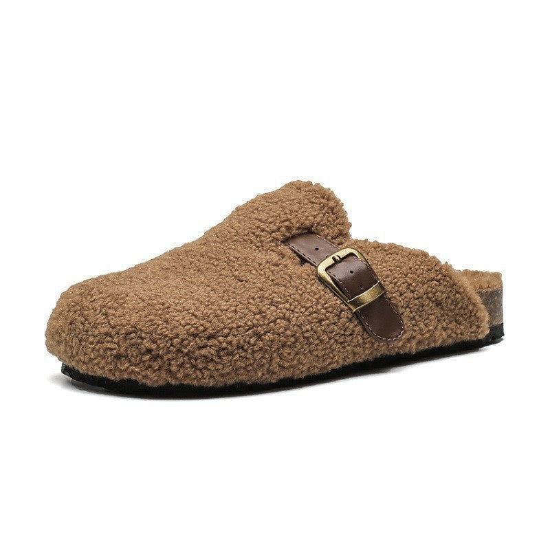 Women's Wool-Lined Genuine Leather Mule Slippers – Retro Thick-Sole Backless Slip-Ons