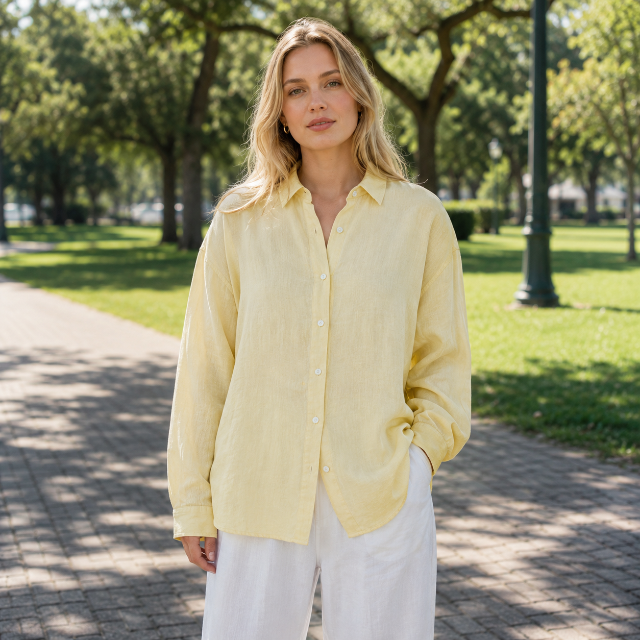 Women's 100% Linen Shirt – Long Sleeve Polo Collar Button-Down