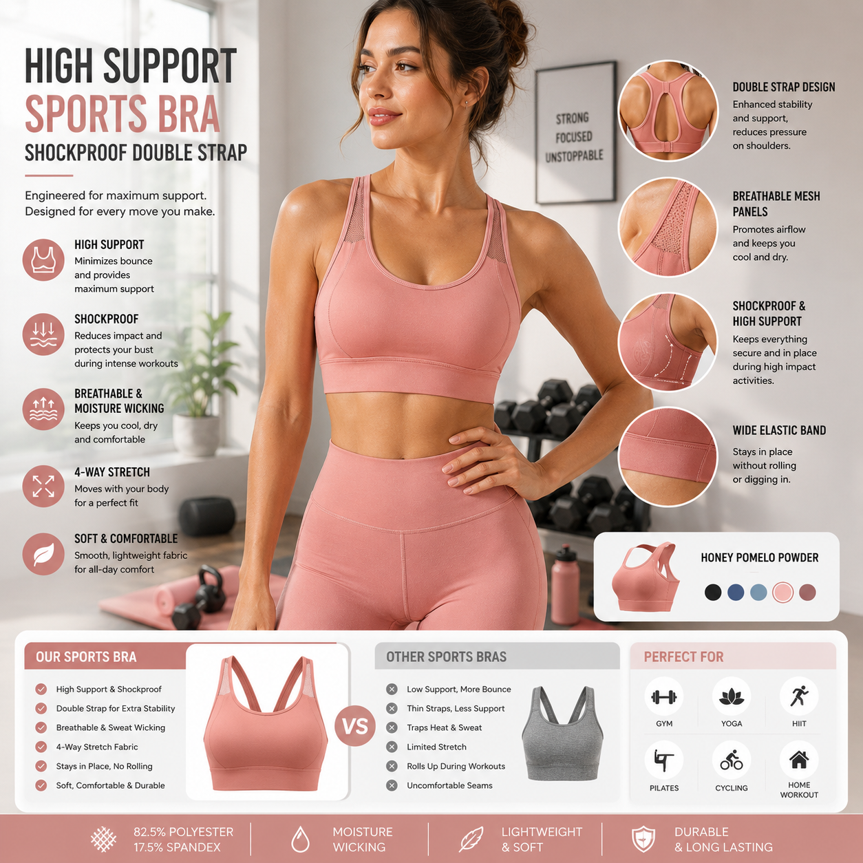 Women's High-Support Sports Bra – Shockproof Double Strap
