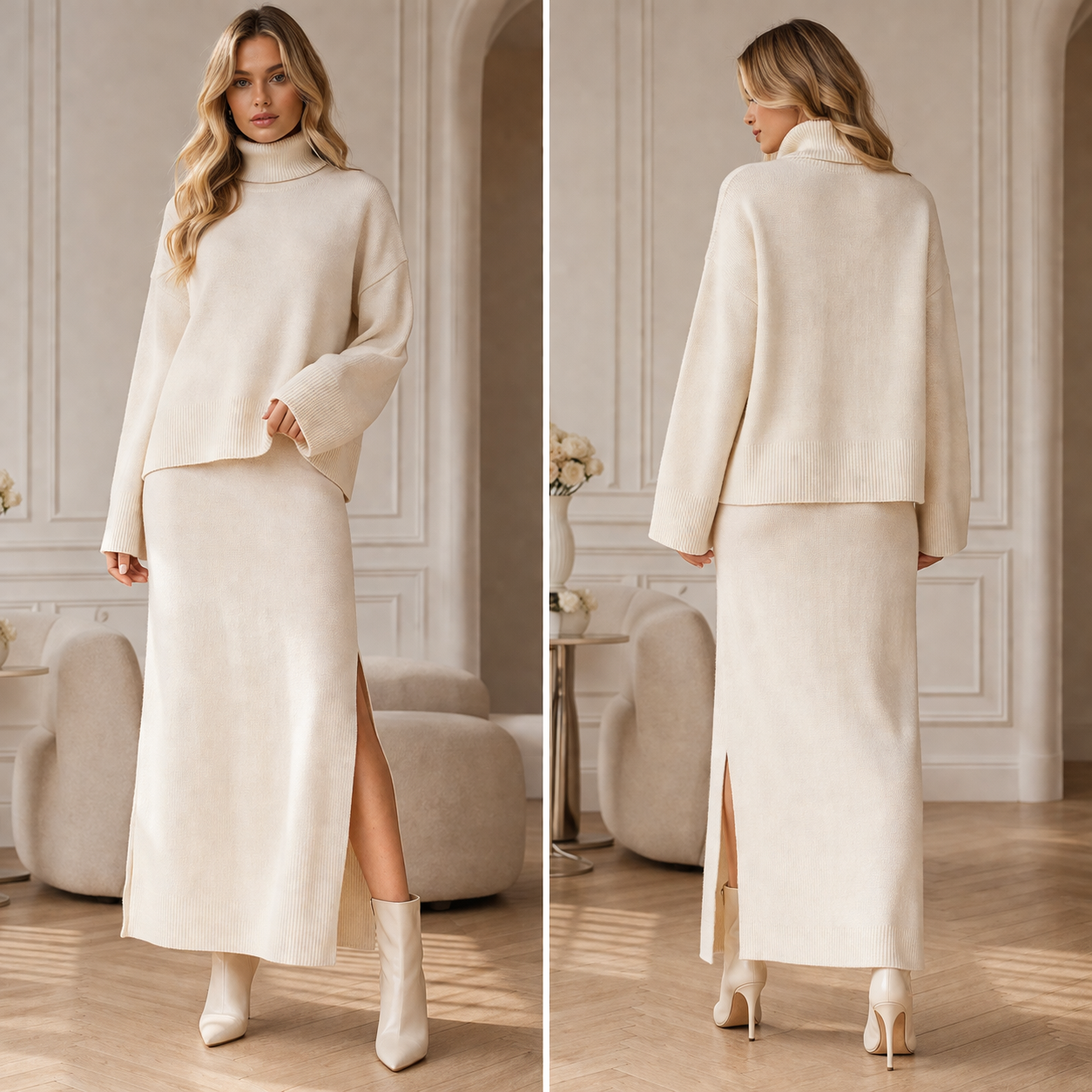 Women's Loose Sweater &amp; Split Long Skirt Set – Viscose Two-Piece for Spring, Autumn &amp; Winter