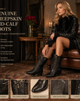 Damenstiefel aus echtem Lammfell, wadenhoch – Vintage-Schnürstiefel mit geschnitztem, speziell geformtem Absatz
