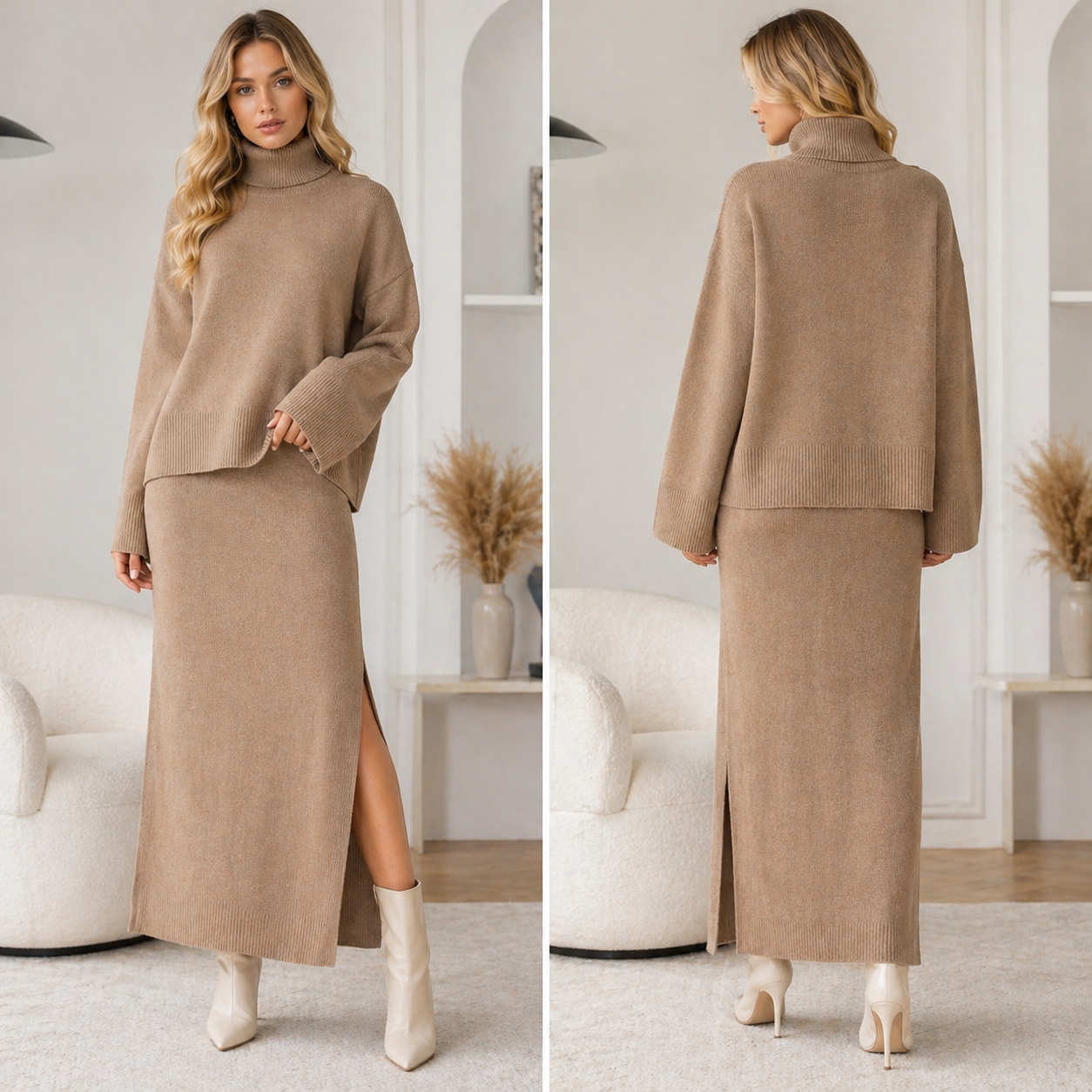 Women's Loose Sweater &amp; Split Long Skirt Set – Viscose Two-Piece for Spring, Autumn &amp; Winter