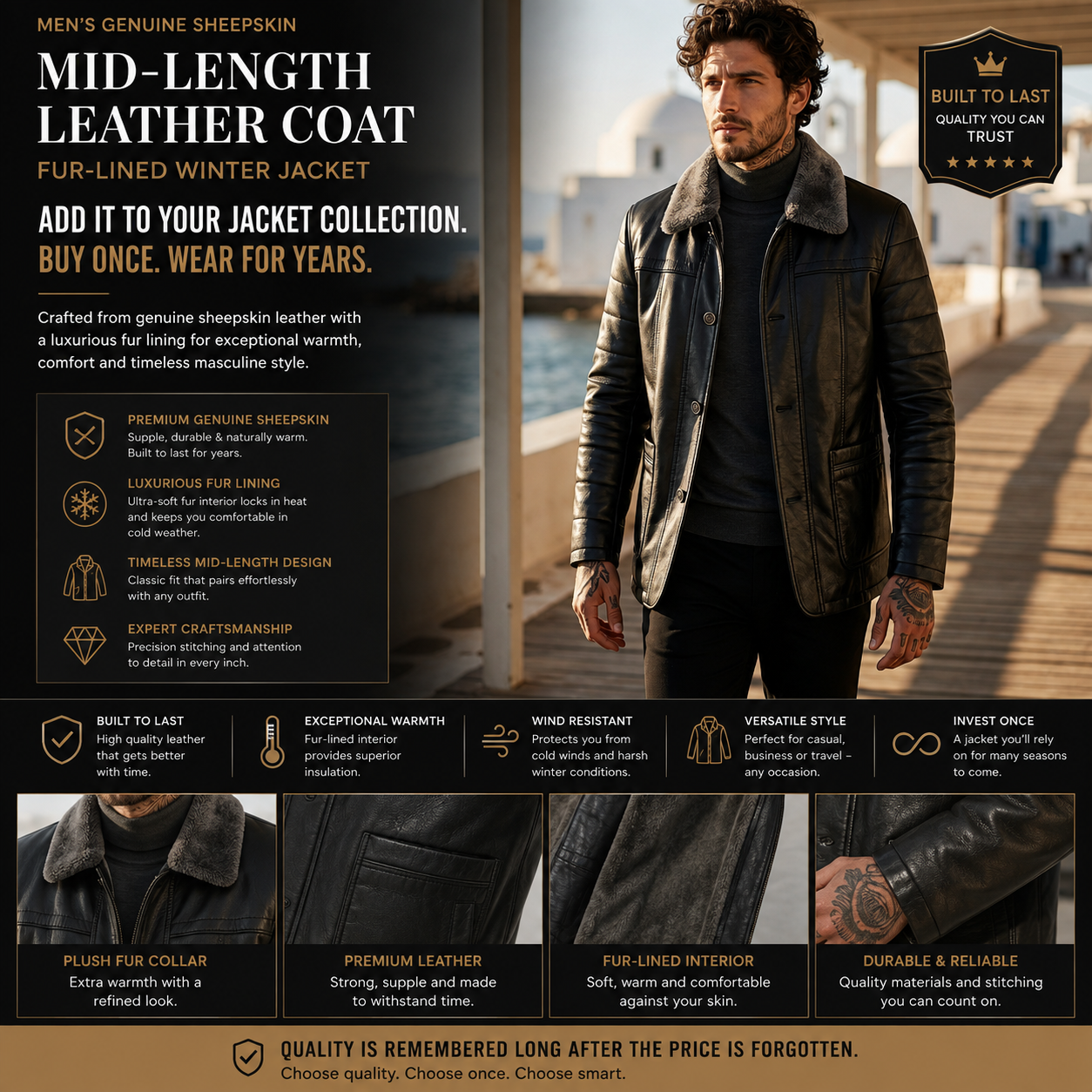 Manteau en cuir mi-long en véritable peau de mouton pour homme – Veste d'hiver doublée de fourrure avec col à revers et fermeture éclair
