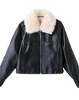 Damen-Lederjacke aus echtem Lammfell mit Fleecefutter – kurze Reißverschluss-Winterjacke mit Revers
