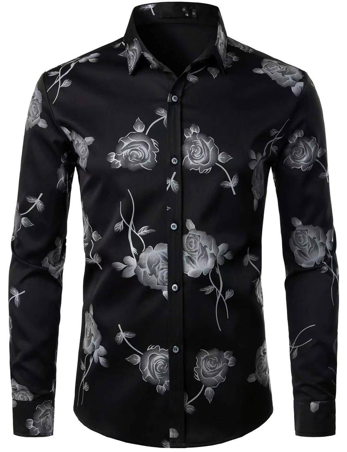 Herren 3D-Hemd mit Blumenmuster – Stretch-Slim-Fit Urban Hemd mit Revers
