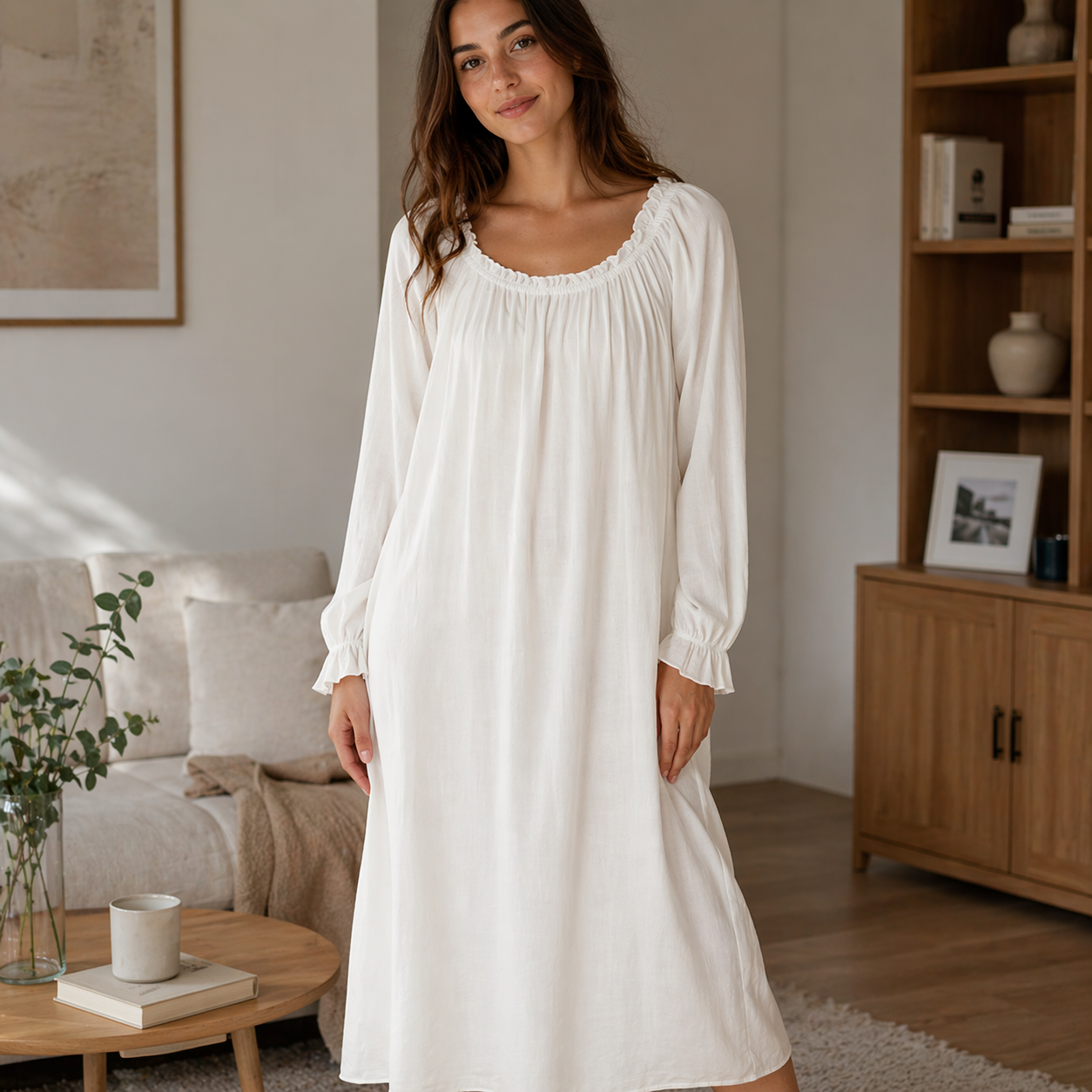 Women's Long Sleeve Cotton Nightgown – Soft Breathable Sleep Dress with U-Neck, Ruffled Hem &amp; Elegant Princess Style