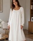 Women's Long Sleeve Cotton Nightgown – Soft Breathable Sleep Dress with U-Neck, Ruffled Hem & Elegant Princess Style